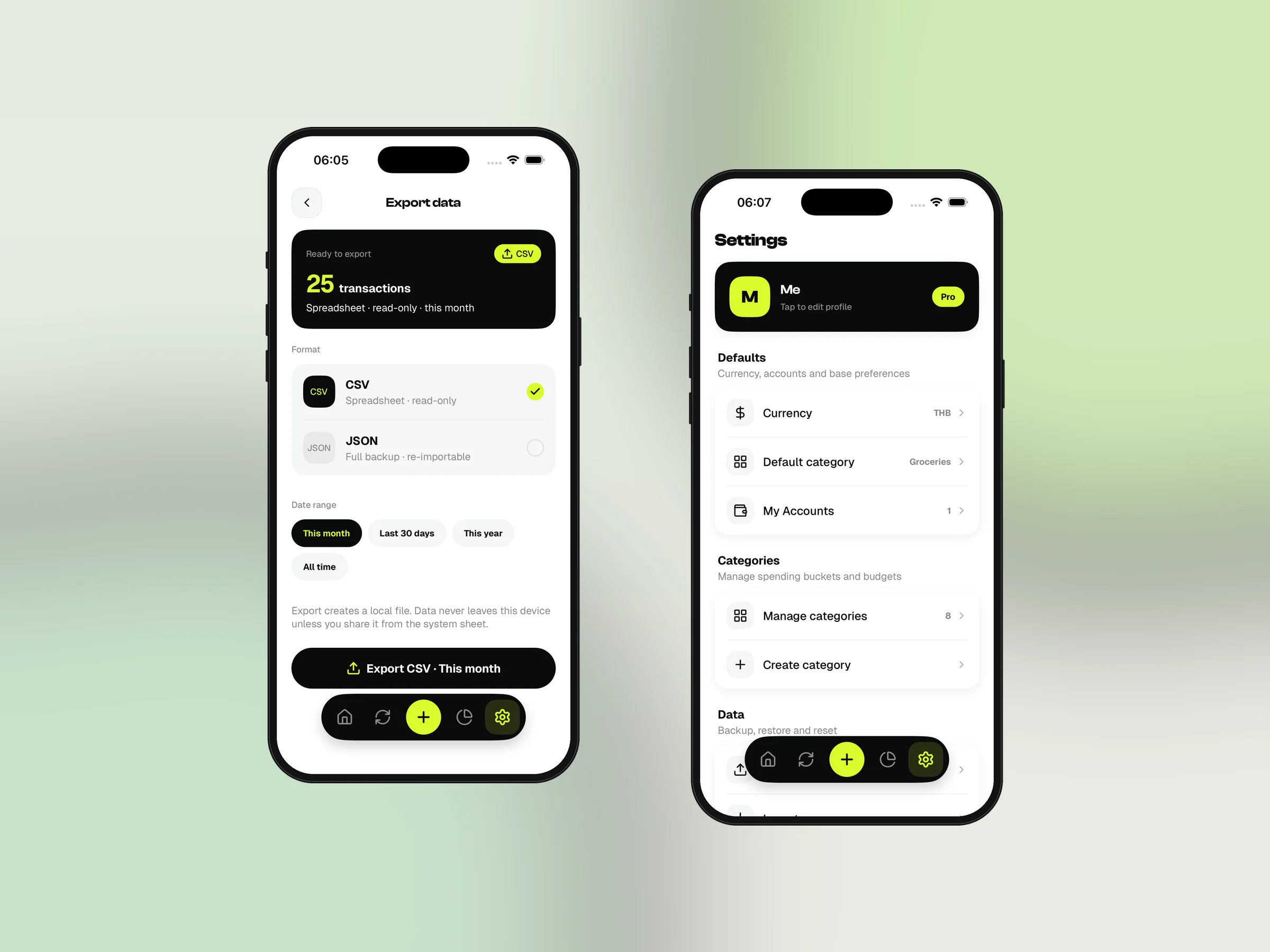 Export data and settings screens