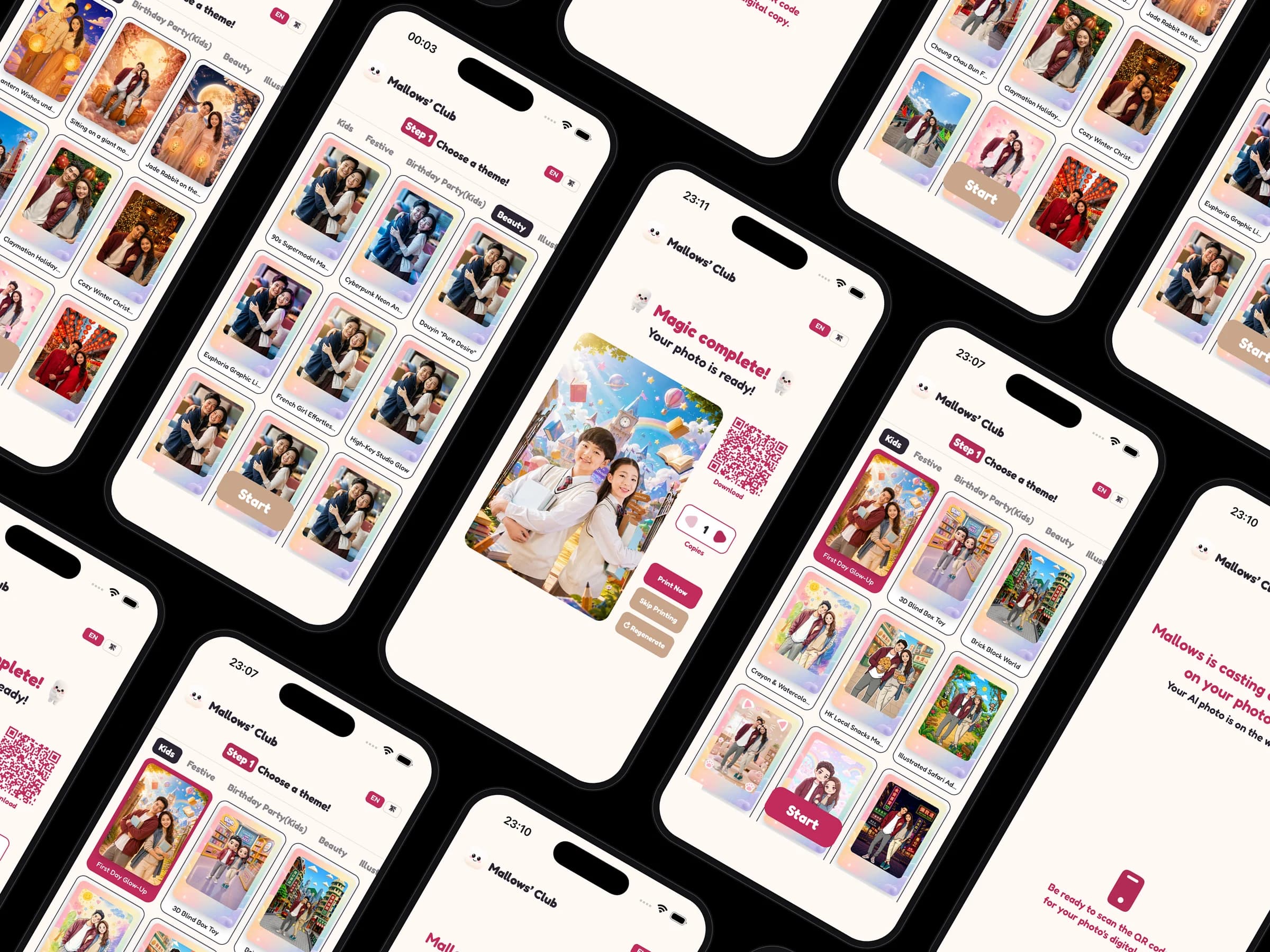 Kiosk screens: theme picker, loading and result