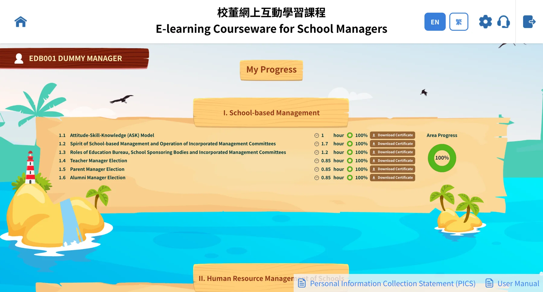 My Progress with per-course hours, completion and certificates