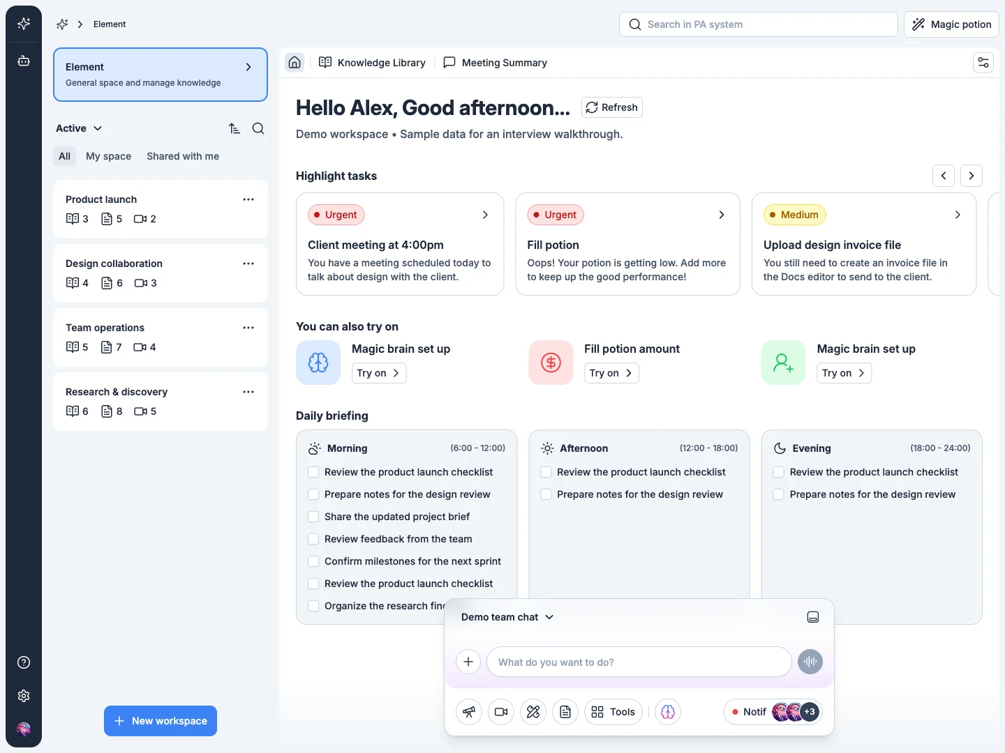 Workspace home with highlight tasks and daily briefing