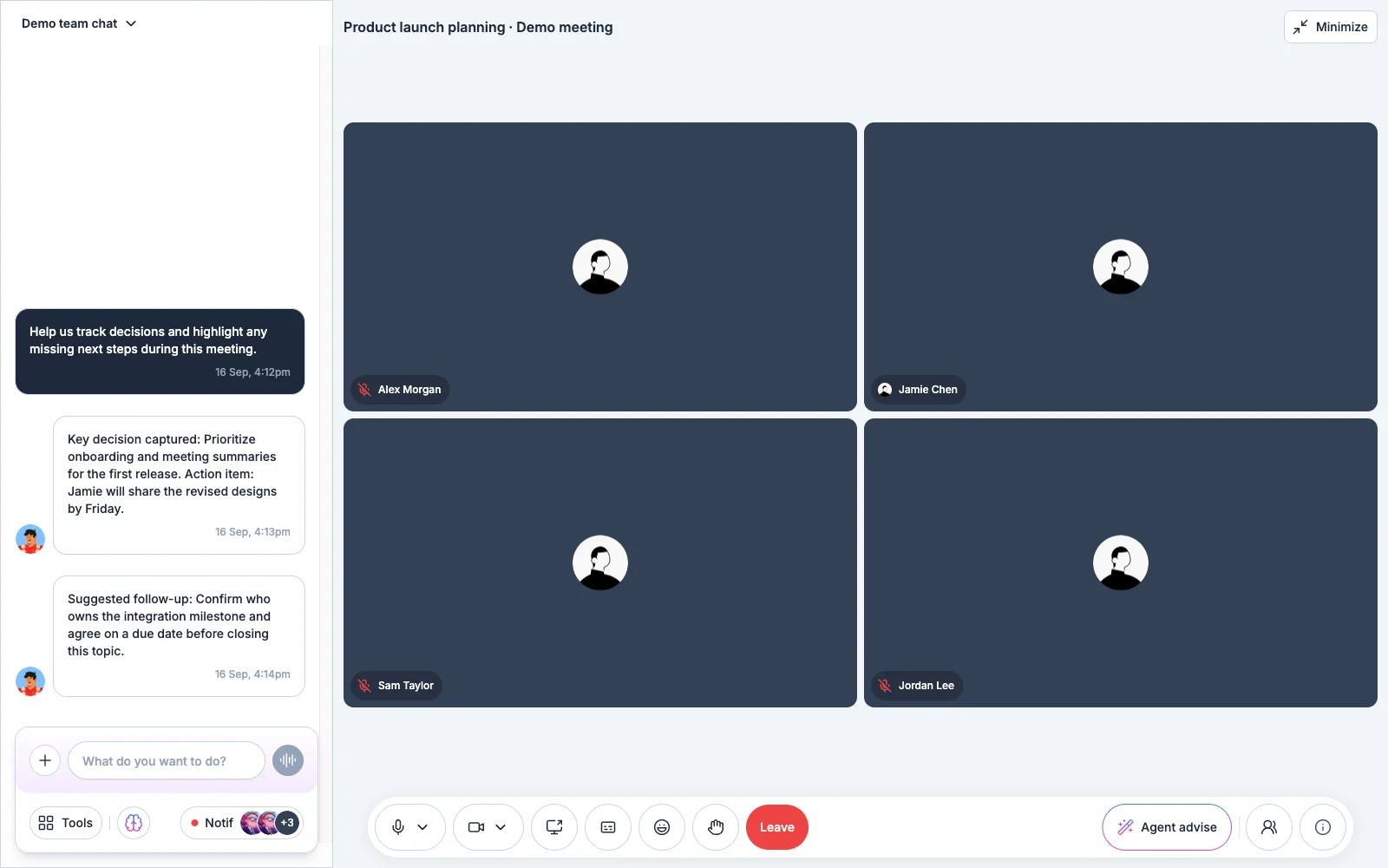 Video meeting with AI notes in the team chat