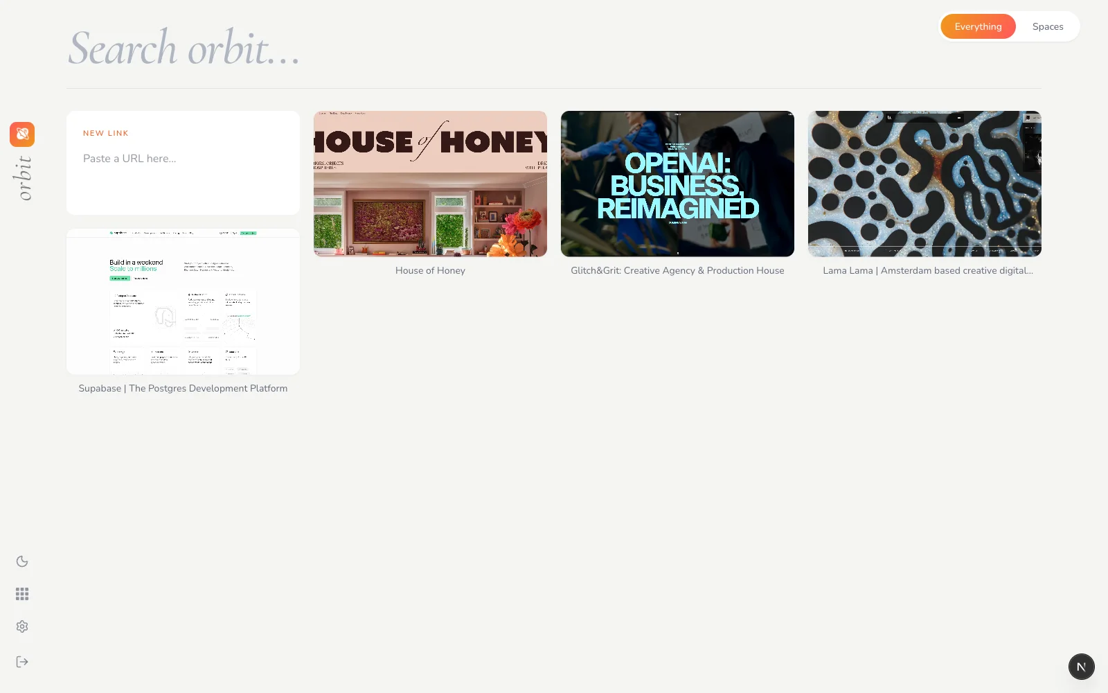 Orbit feed of saved links as a masonry grid