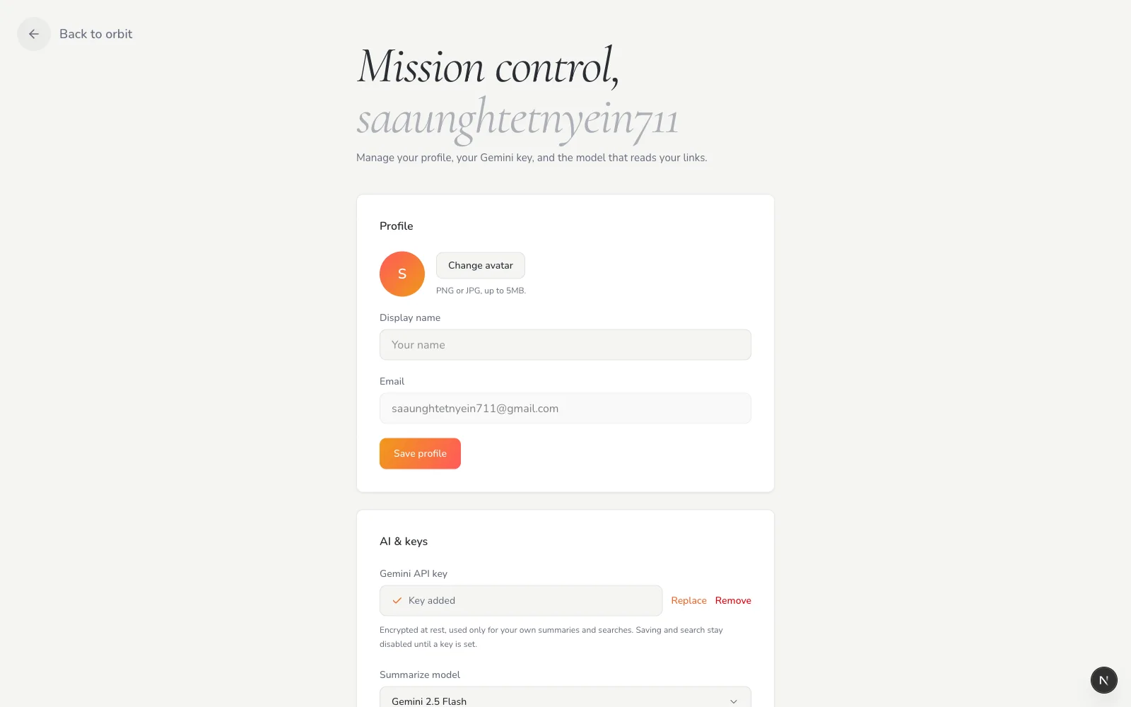 Settings with bring-your-own Gemini key