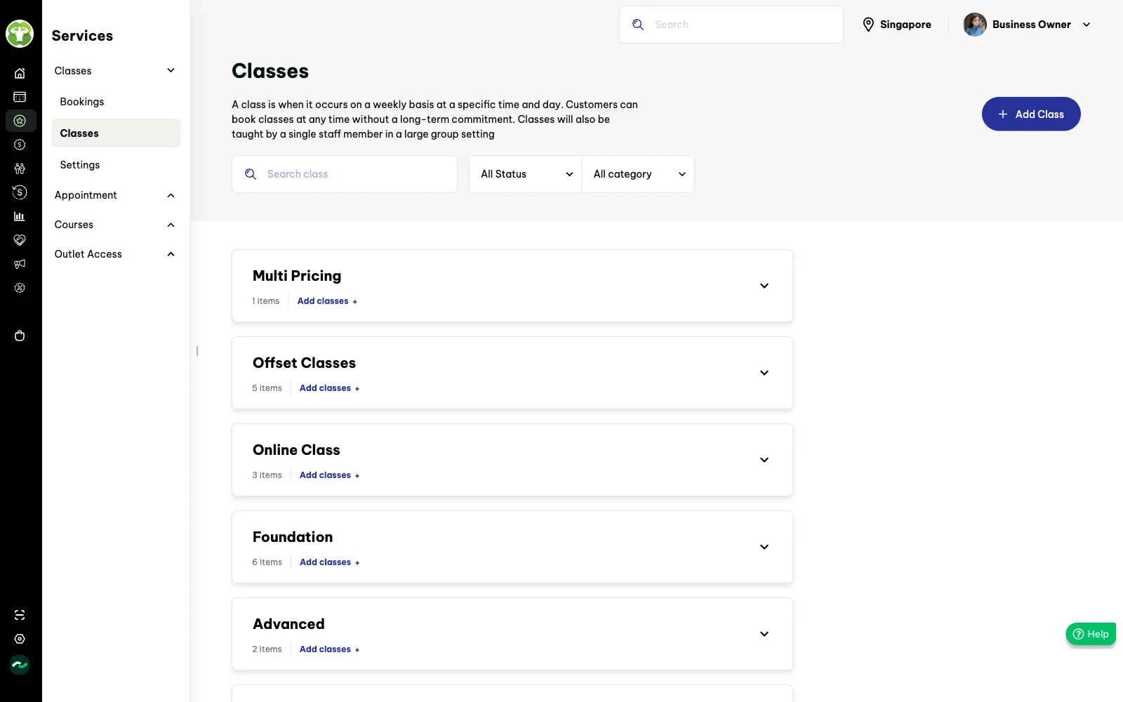 Classes grouped by category
