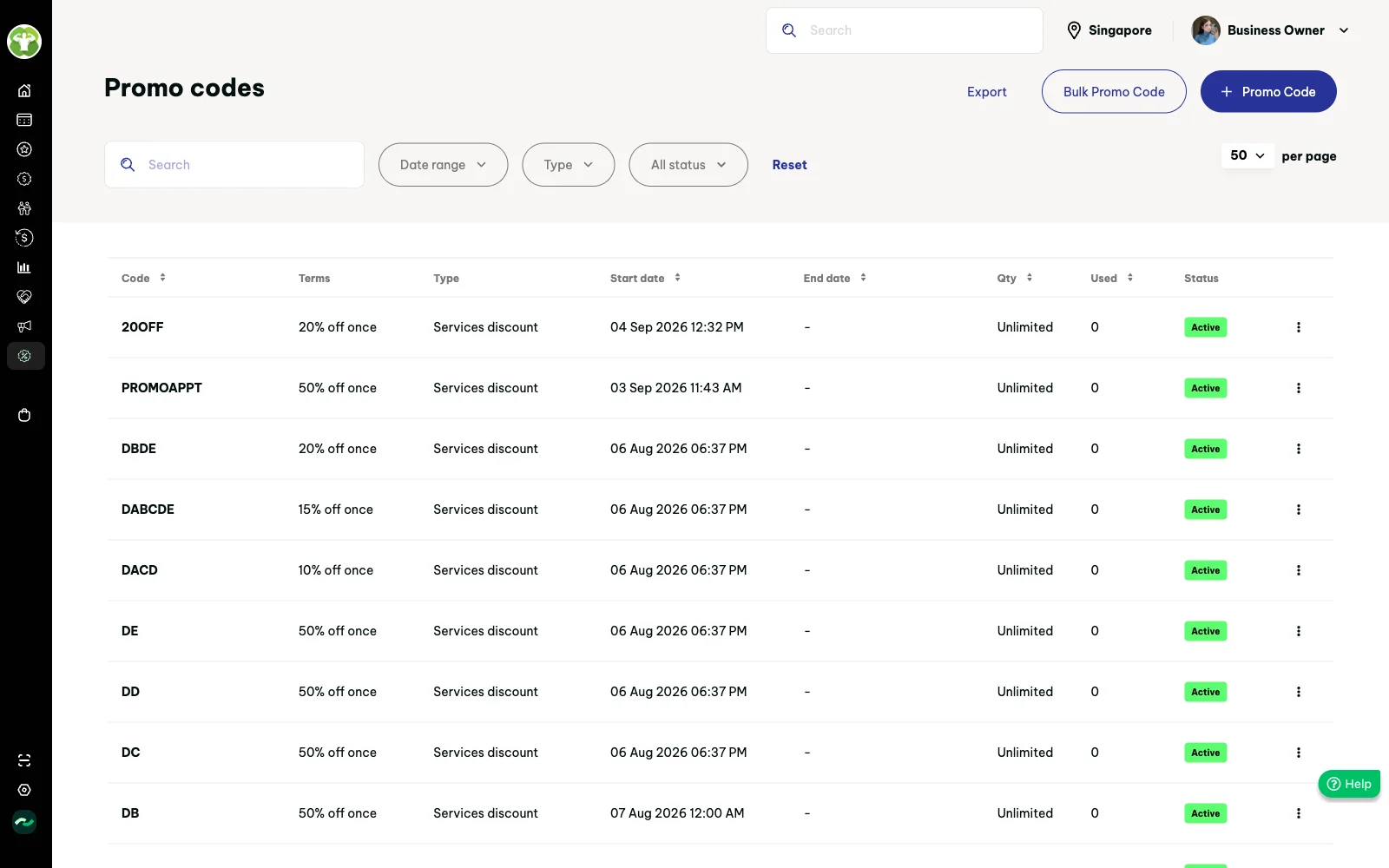 Promo codes table with filters