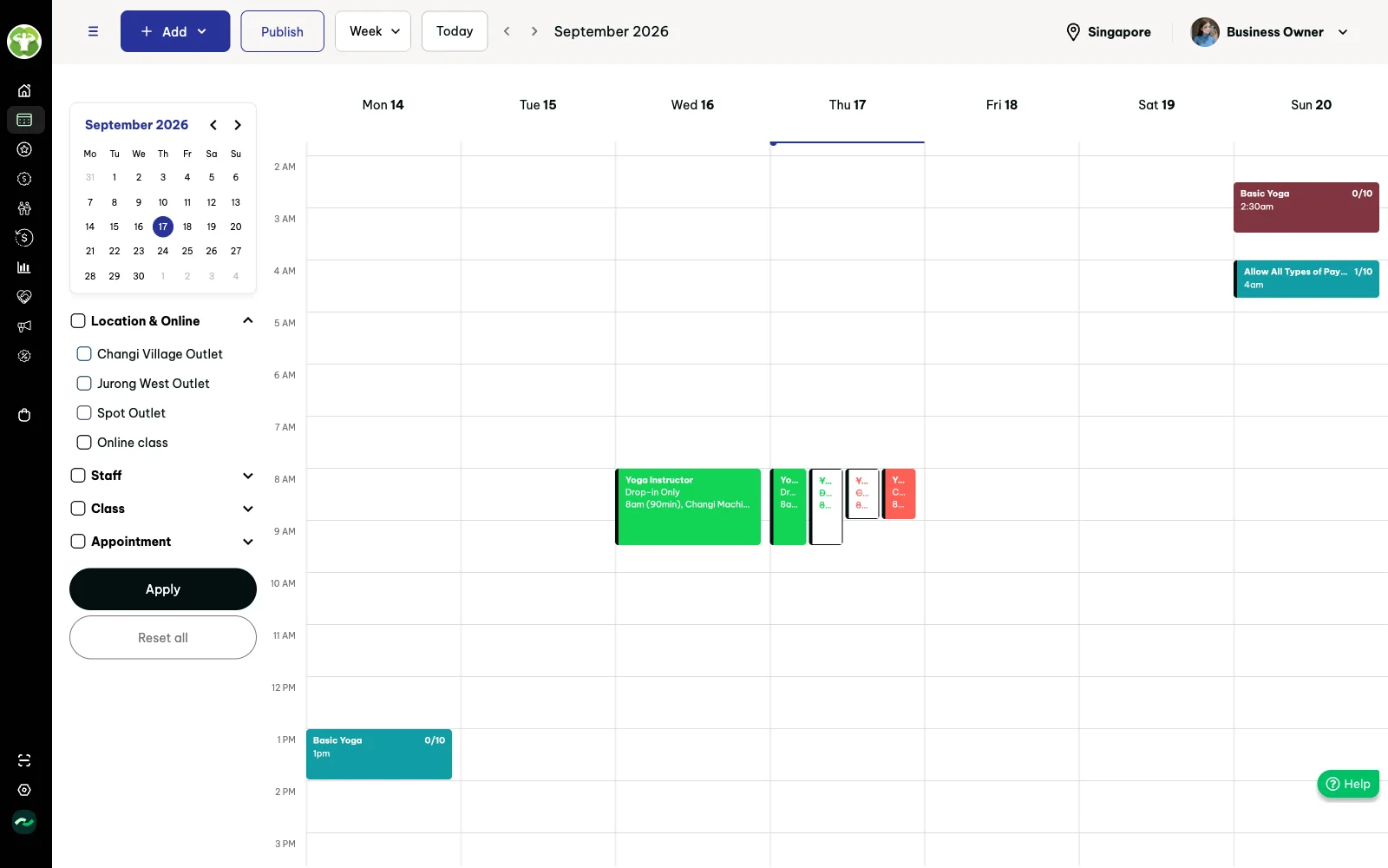 Week schedule with outlet, staff and class filters